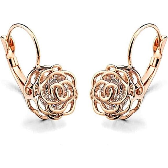 Rose Gold Plated Hollow Rose Flower Leverback Earrings with Swarovski Crystals - Picture 8 of 8